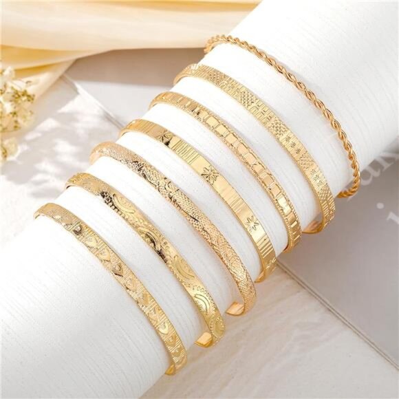 14k Gold Plated Multi Layer Stackable Cuff Bracelet Set - Picture 6 of 8